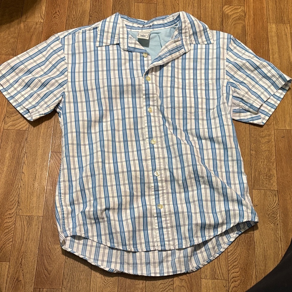 Old Navy Men's Blue and Cream Plaid Shirt (AB2)